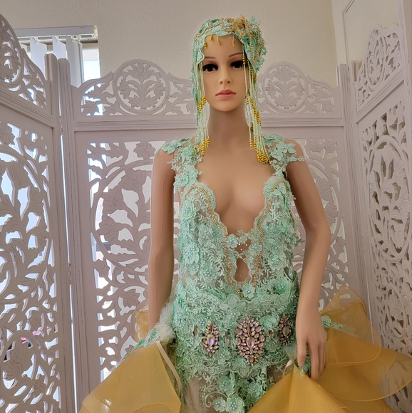 "LADY STEPHANIE" 2 Piece Mint Green & Gold Gatsby Inspired Wedding Gown Set - Picture 12 of 12